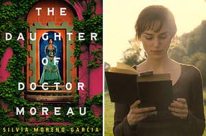 (left) cover of the daughter of doctor moreau by silvia moreno-garcia; keira knightley in period clothing reads a book while walking