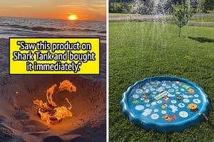 a portable campfire with the words "saw this product on shark tank and bought it immediately" / a mini sprinkler pool in a yard