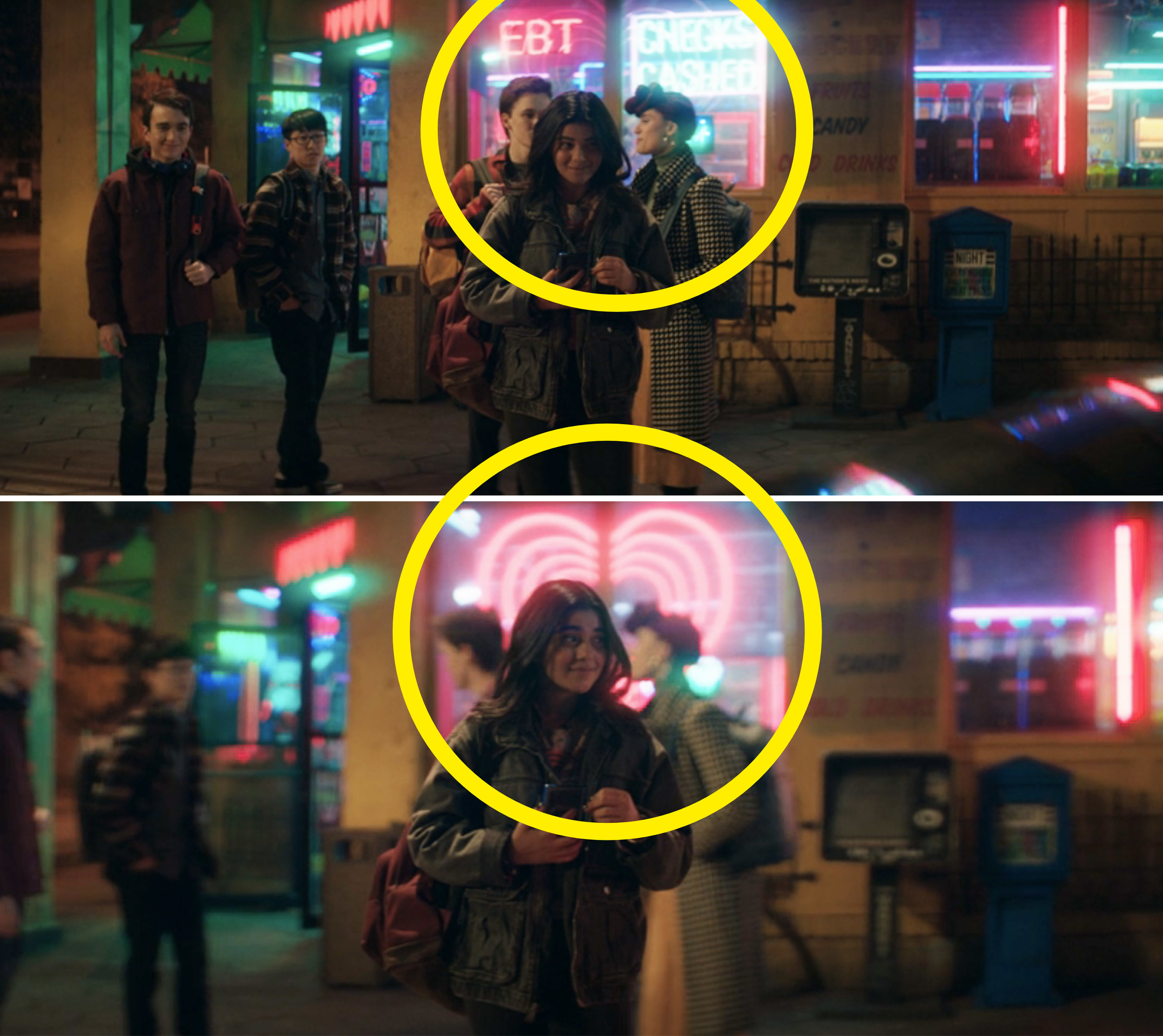 Kamala is standing in front of neon signs saying checks can be cashed inside, but later in the scene, those signs are replaced with a large pink heart