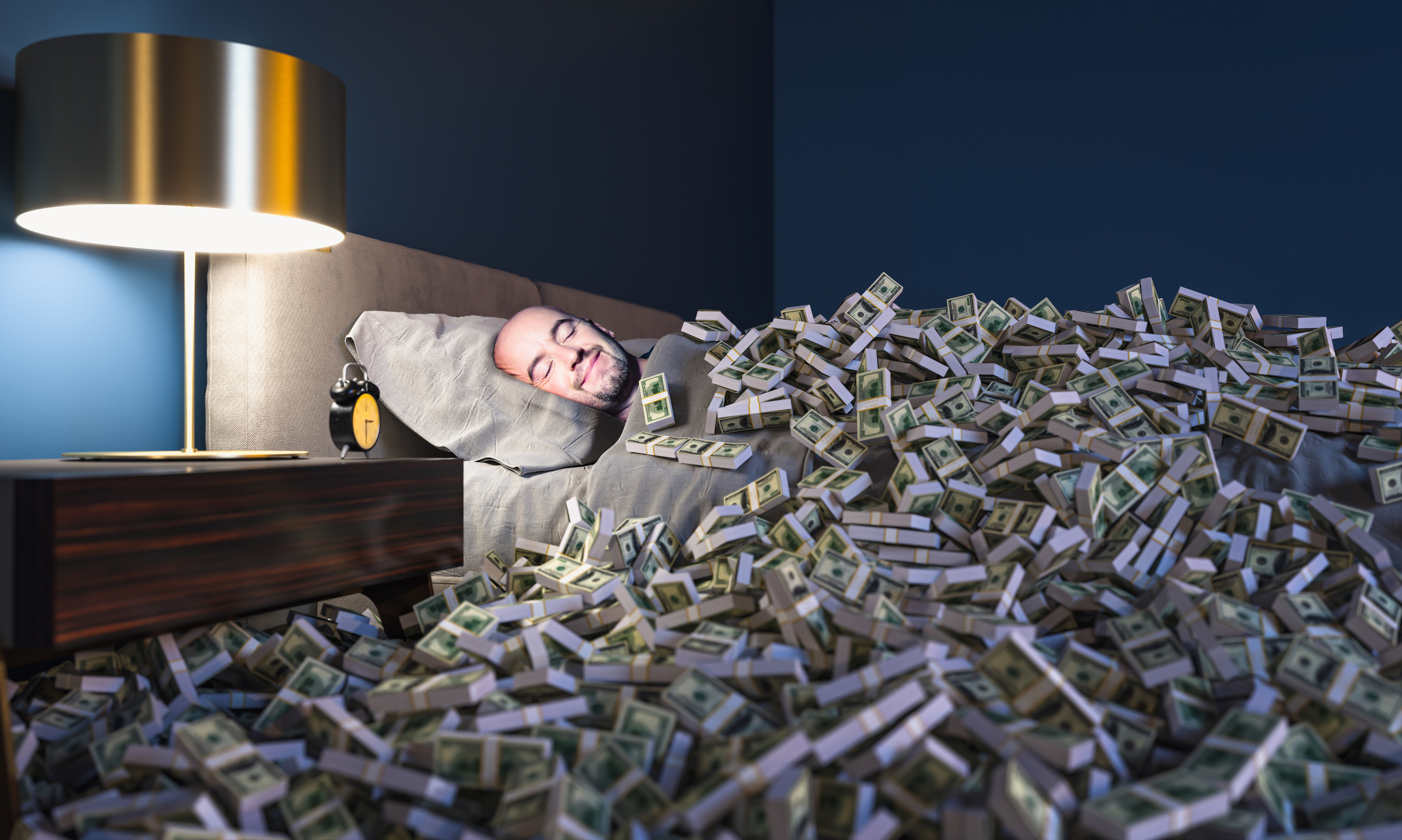 Man sleeping under a pile of money