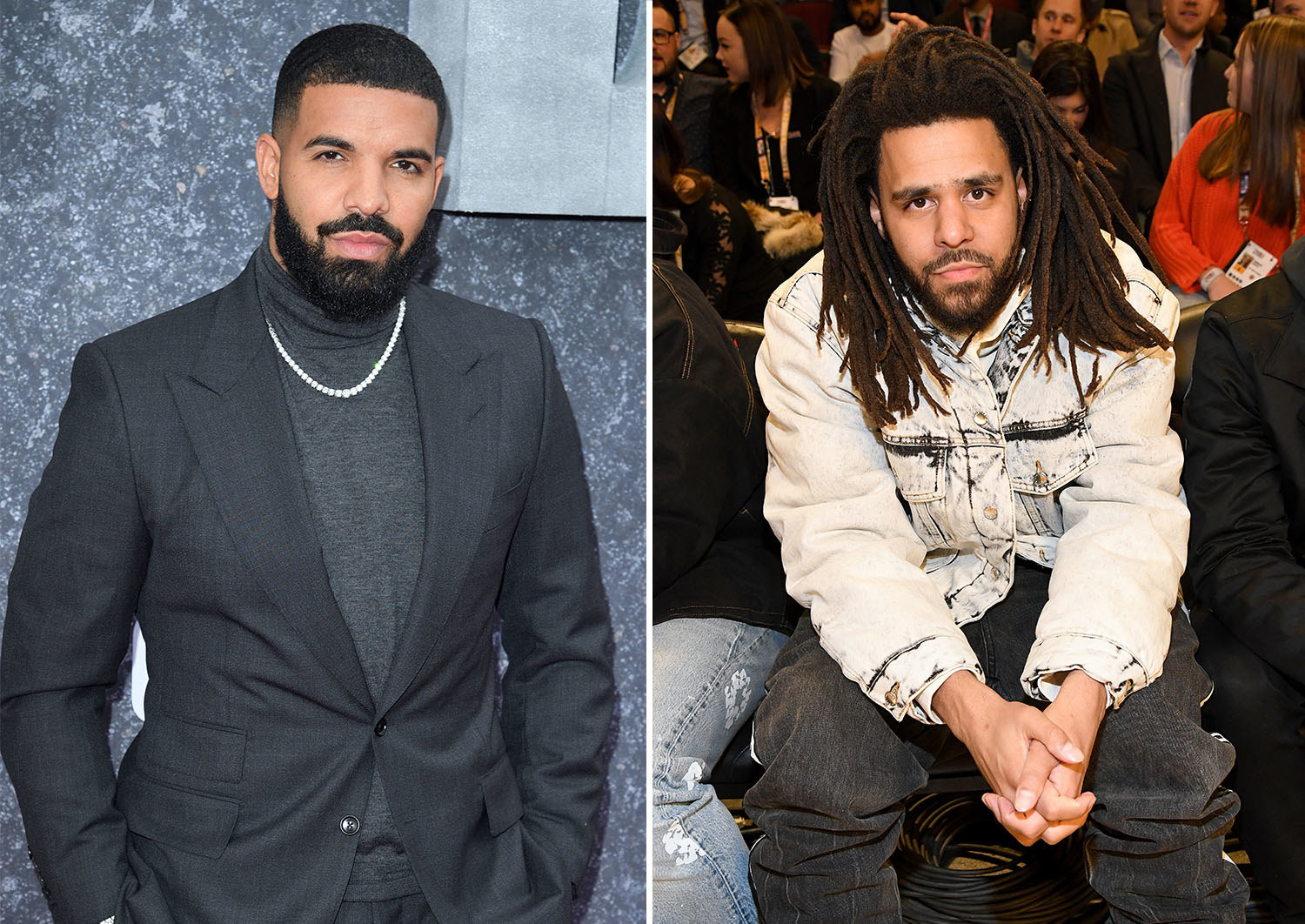 Drake in a turtleneck and suit, J Cole kneeling with hands clasped