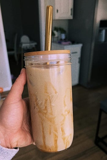 Jar filled with ice coffee