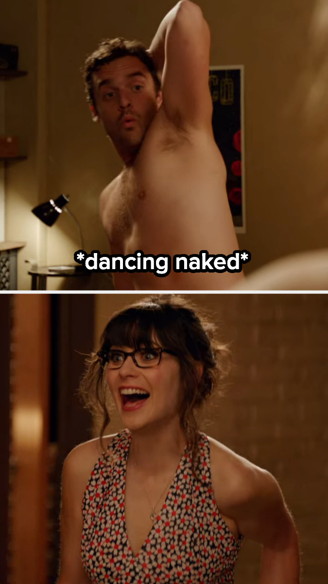 Jess opening the door to a naked and dancing Nick