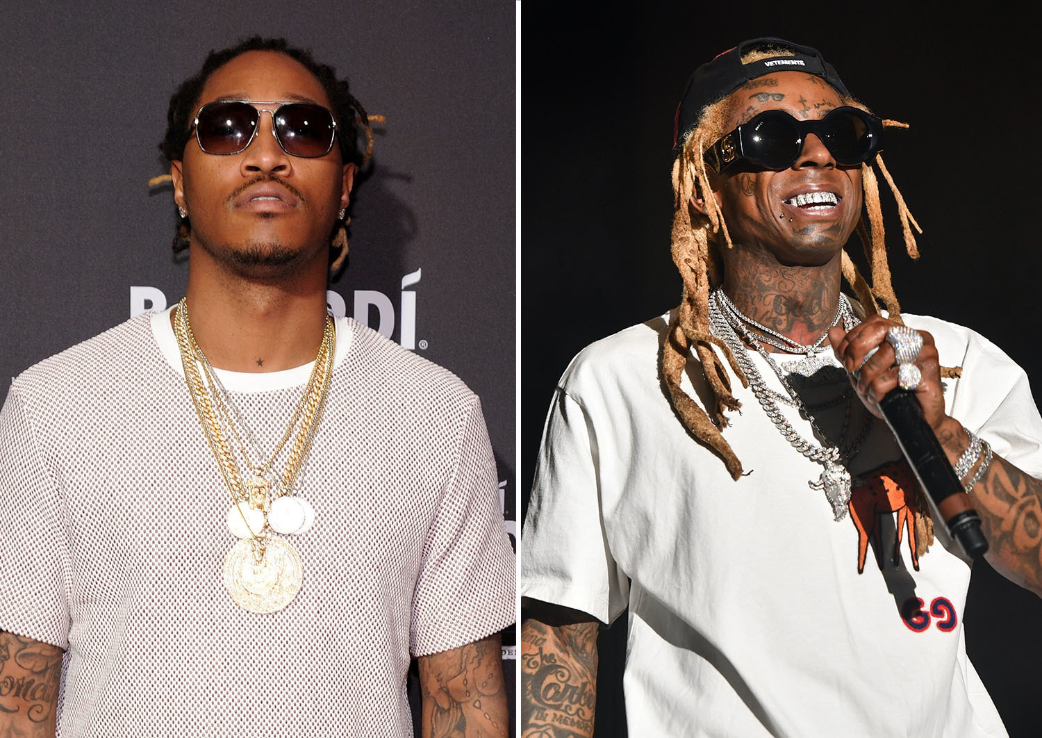 Future wearing multiple chains and sunglasses, and Lil Wayne wearing sunglasses and holding a microphone