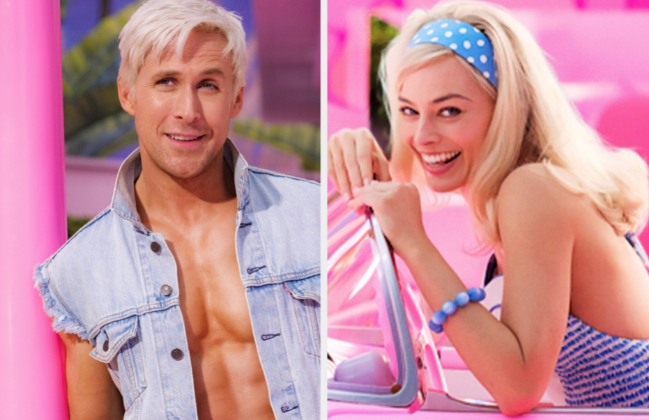 The previous photo of Ryan juxtaposed with the first look at Margot Robbie as Barbie sitting in a pink convertible