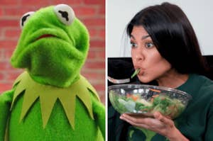 On the left, Kermit the frog frowning, and on the right, Kourtney Kardashian eating a salad