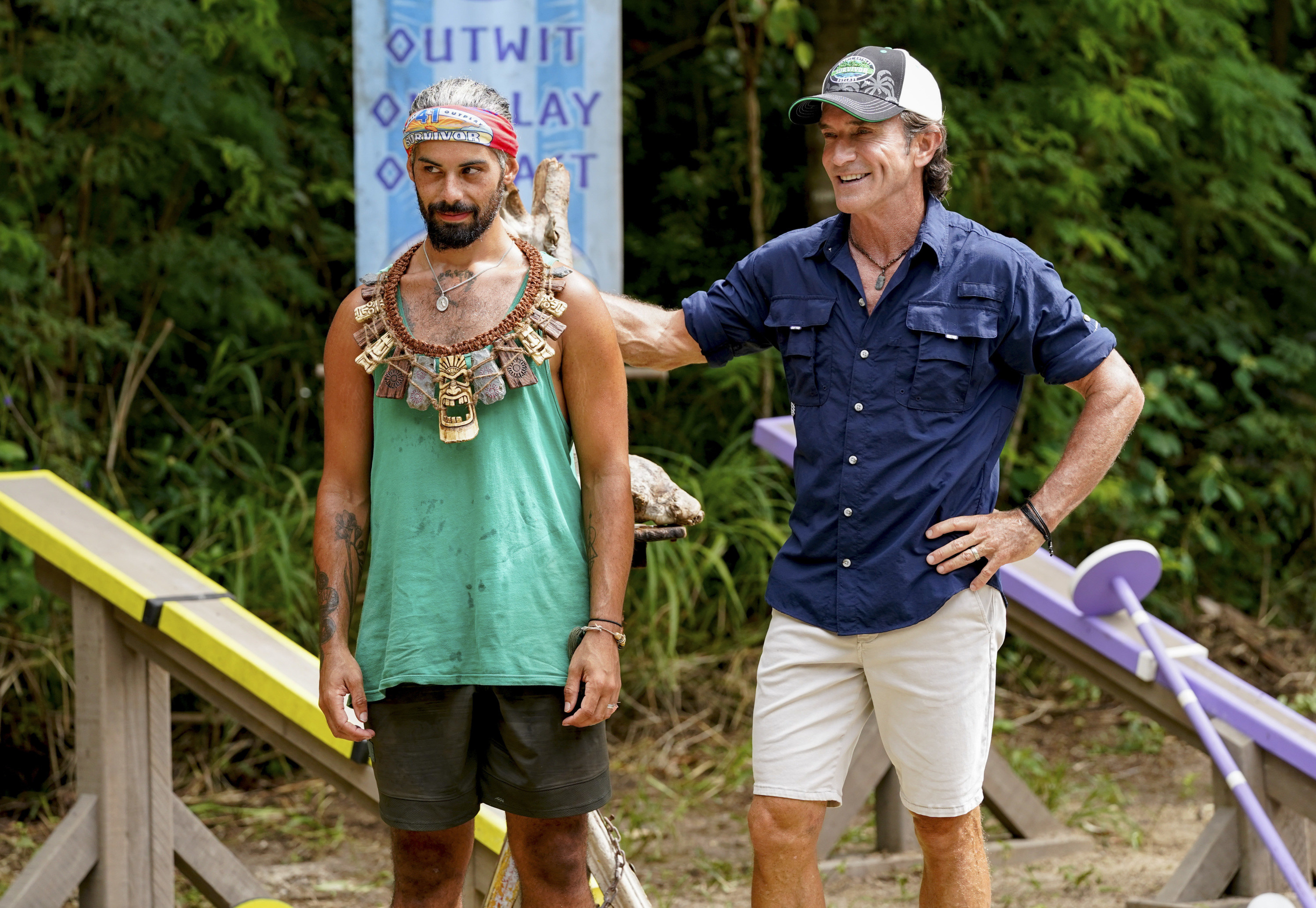 Jeff Probst and Ricard Foye stand at an immunity challenge