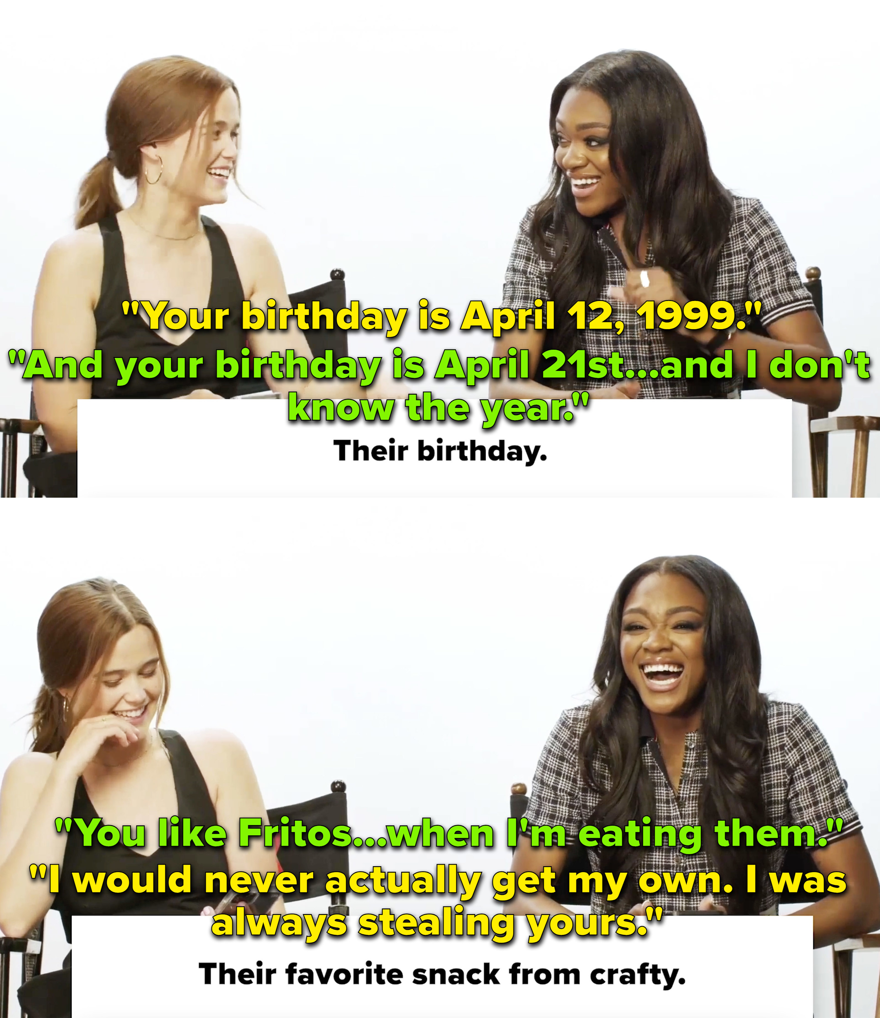 Both actors laughing, with text such as &quot;Your birthday is April 21, 1999&quot; and &quot;You like Fritos — when I&#x27;m eating them&quot;