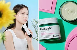 model holding a white tube of sunscreen next to flowers / two jars of color correcting treatment, one opened, one closed, on a pink and green background