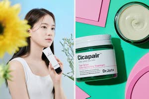 model holding a white tube of sunscreen next to flowers / two jars of color correcting treatment, one opened, one closed, on a pink and green background
