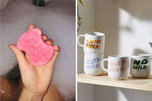 a person holding up a pedi sponge in a bath and a group of mugs on a shelf in a kitchen