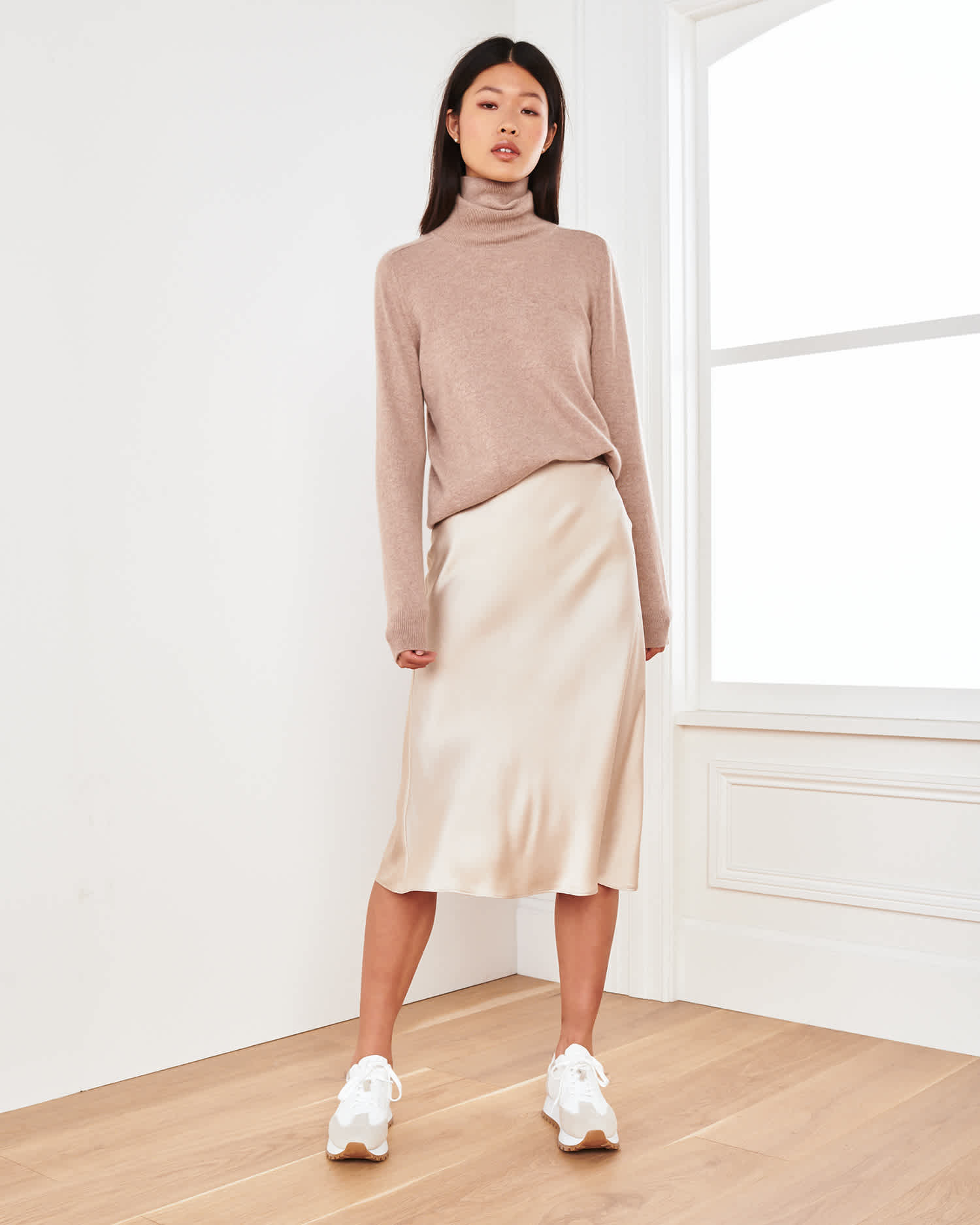 model wearing the light mint midi skirt