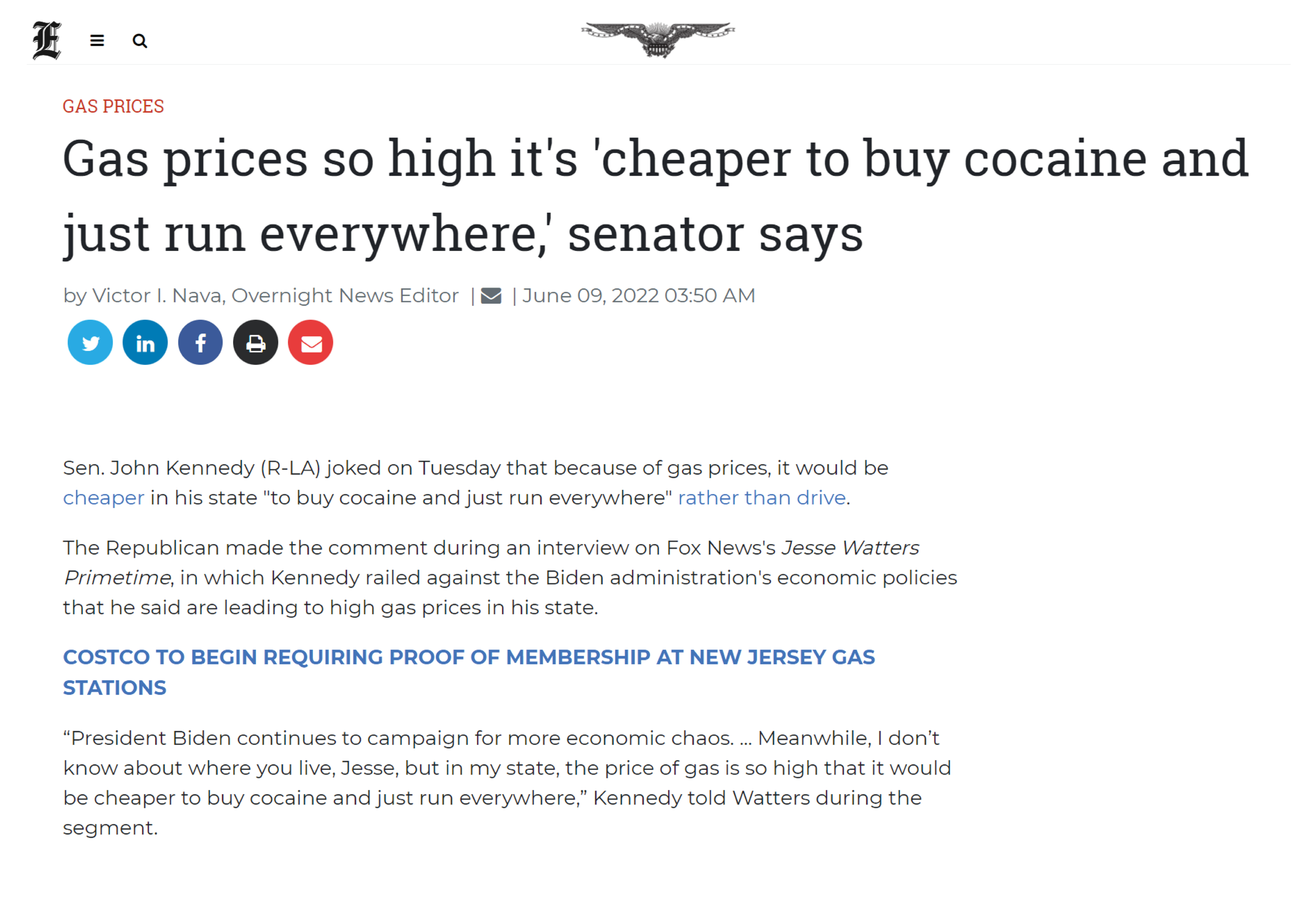 Screenshot of Washington Examiner article, &quot;Gas prices so high it&#x27;s &#x27;cheaper to buy cocaine and just run everywhere,&#x27; senator says&quot;