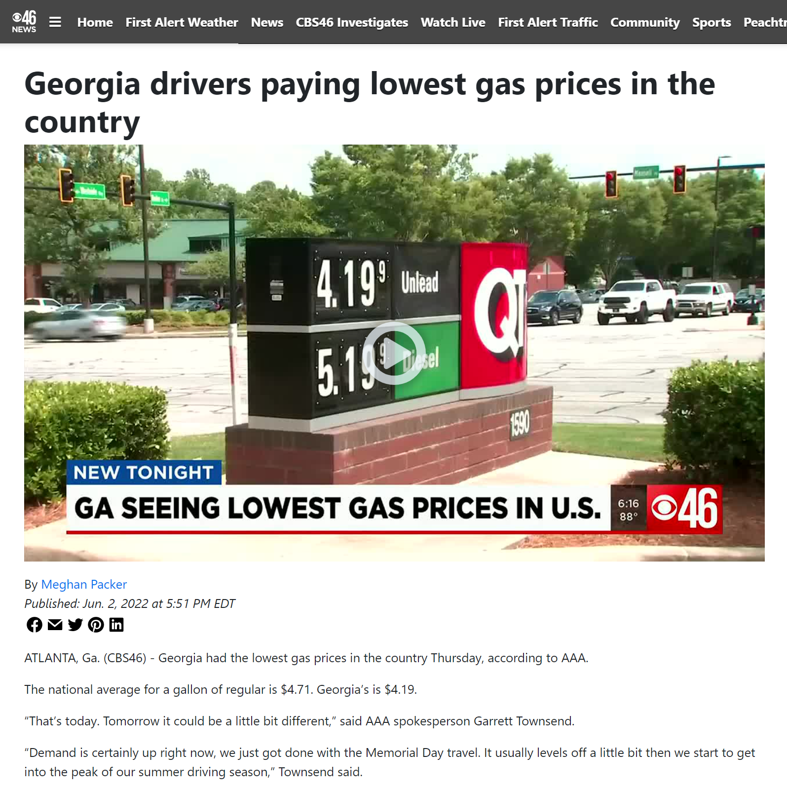 Screenshot of CBS46-TV article, &quot;Georgia drivers paying lowest gas prices in the country&quot;