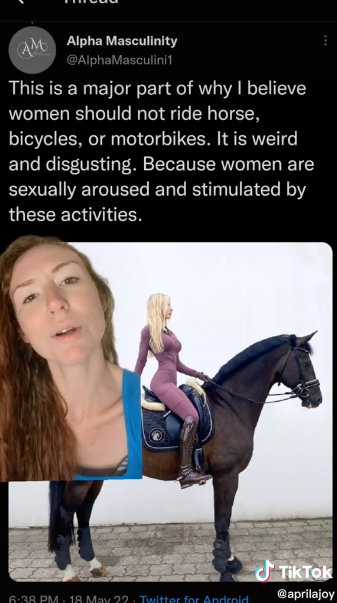 April talking in her TikTok video with an image of a woman on a horse