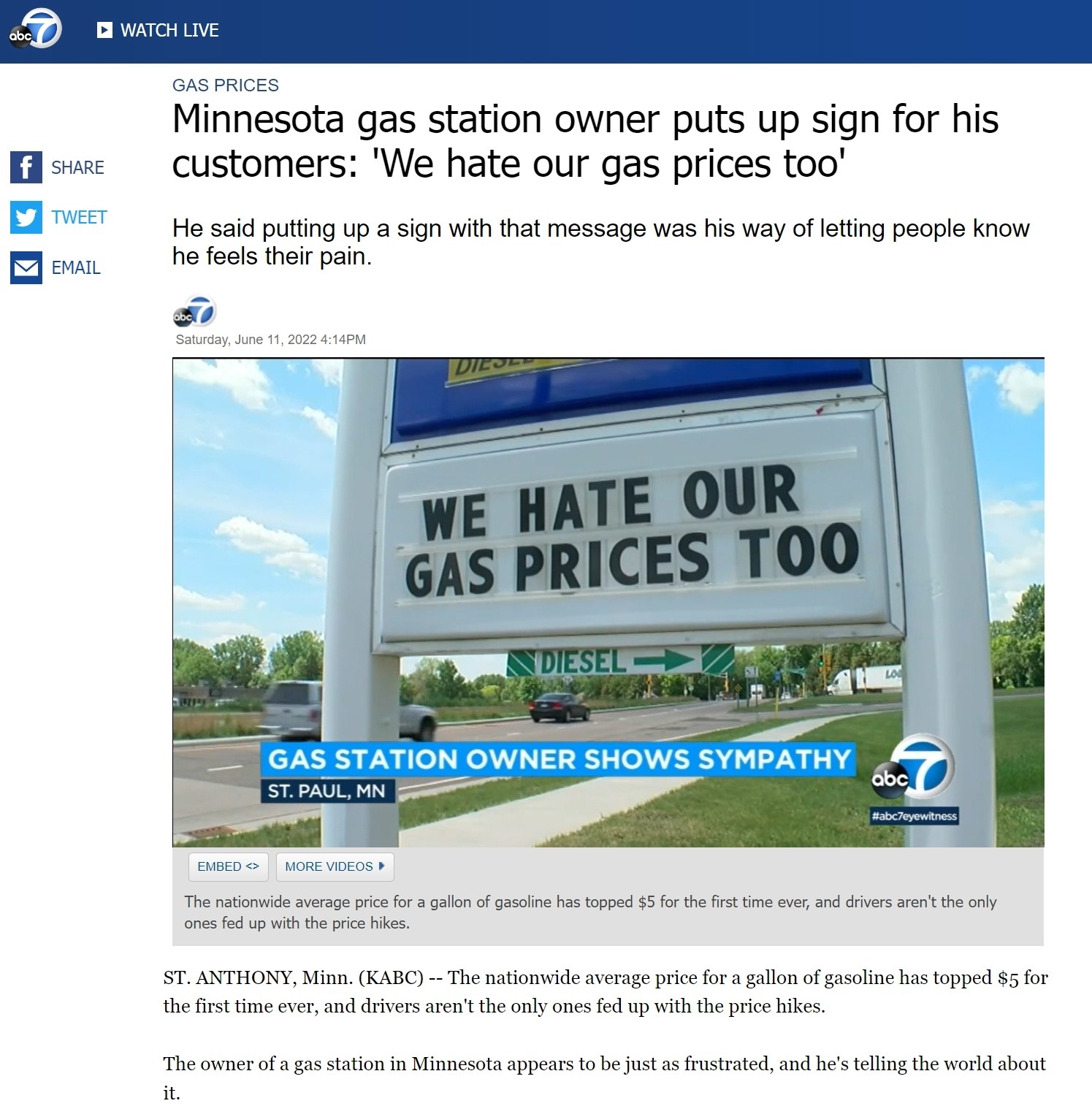 Screenshot of ABC7&#x27;s article, &quot;Minnesota gas station owner puts up sign for his customers: &#x27;We hate our gas prices too&#x27;&quot;
