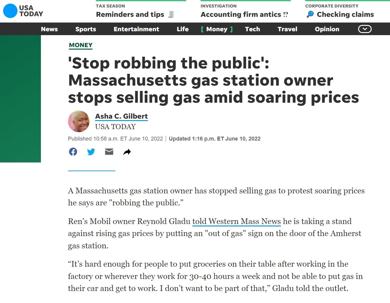 Screenshot of USA Today&#x27;s article, &quot;&#x27;Stop robbing the public&#x27;: Massachusetts gas station owner stops selling gas amid soaring prices&quot;
