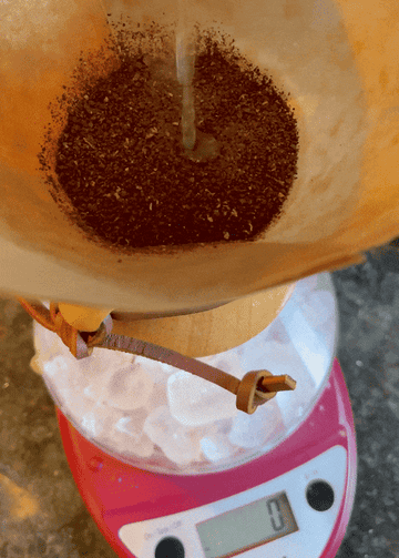 Slowly pouring water into the coffee grounds in a Chemex on top of a scale