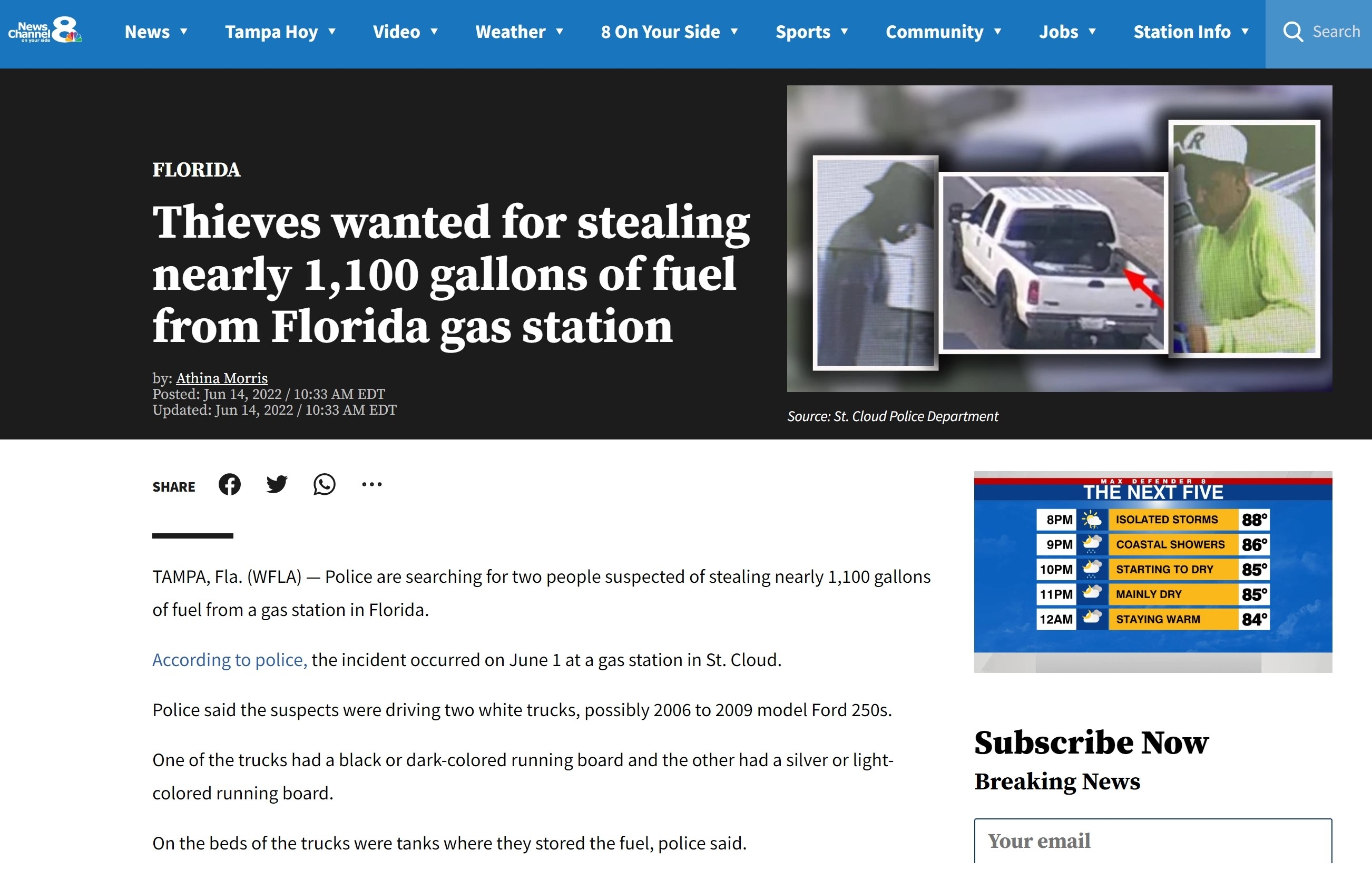 Screenshot of article, &quot;Thieves wanted for stealing nearly 1,100 gallons of fuel from Florida gas station.&quot;