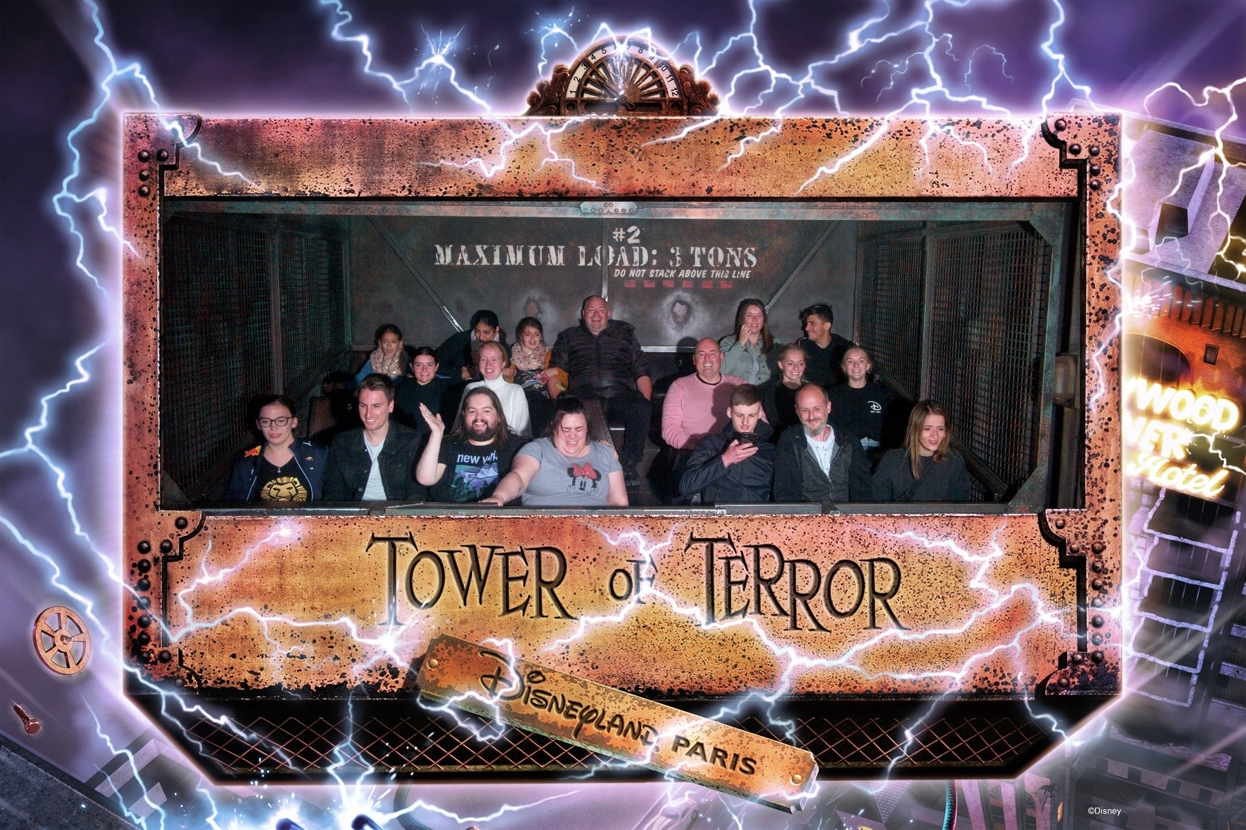 Ride Photo for "Tower of Terror" at Disneyland Paris; Writer & Fiancee featured front and center.