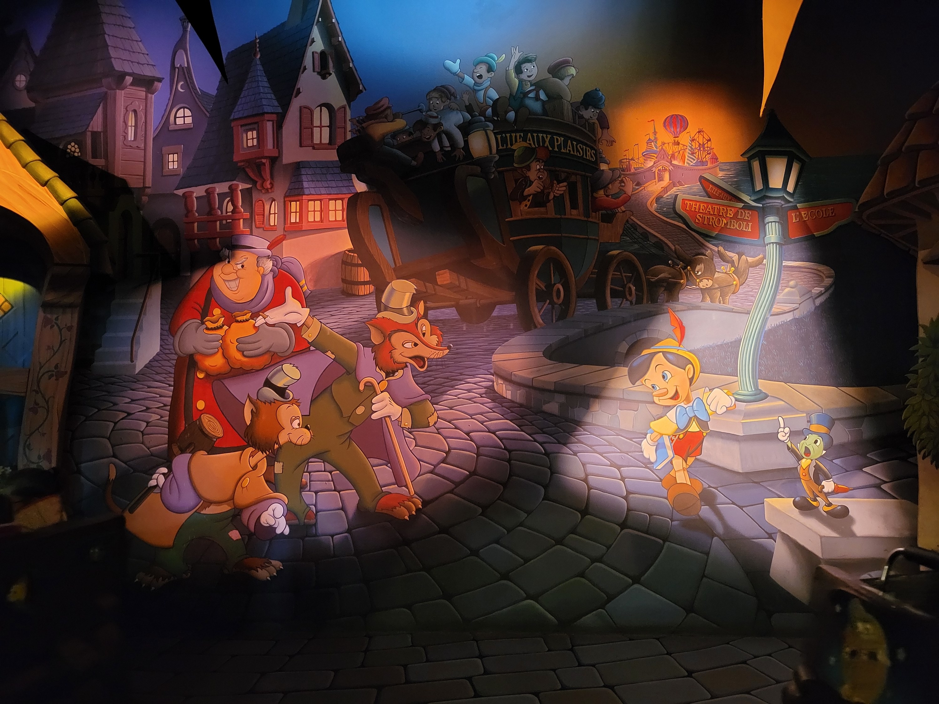 The ominous ride queue for "Pinocchio's Daring Journey"