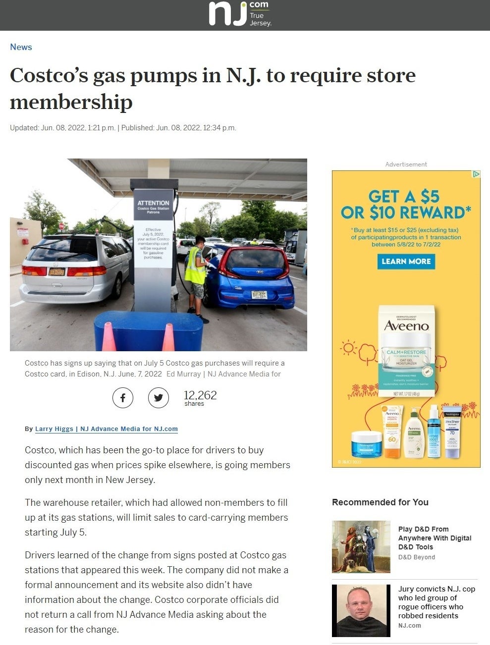 Screenshot of NJ.com&#x27;s article, &quot;Costco’s gas pumps in N.J. to require store membership&quot;