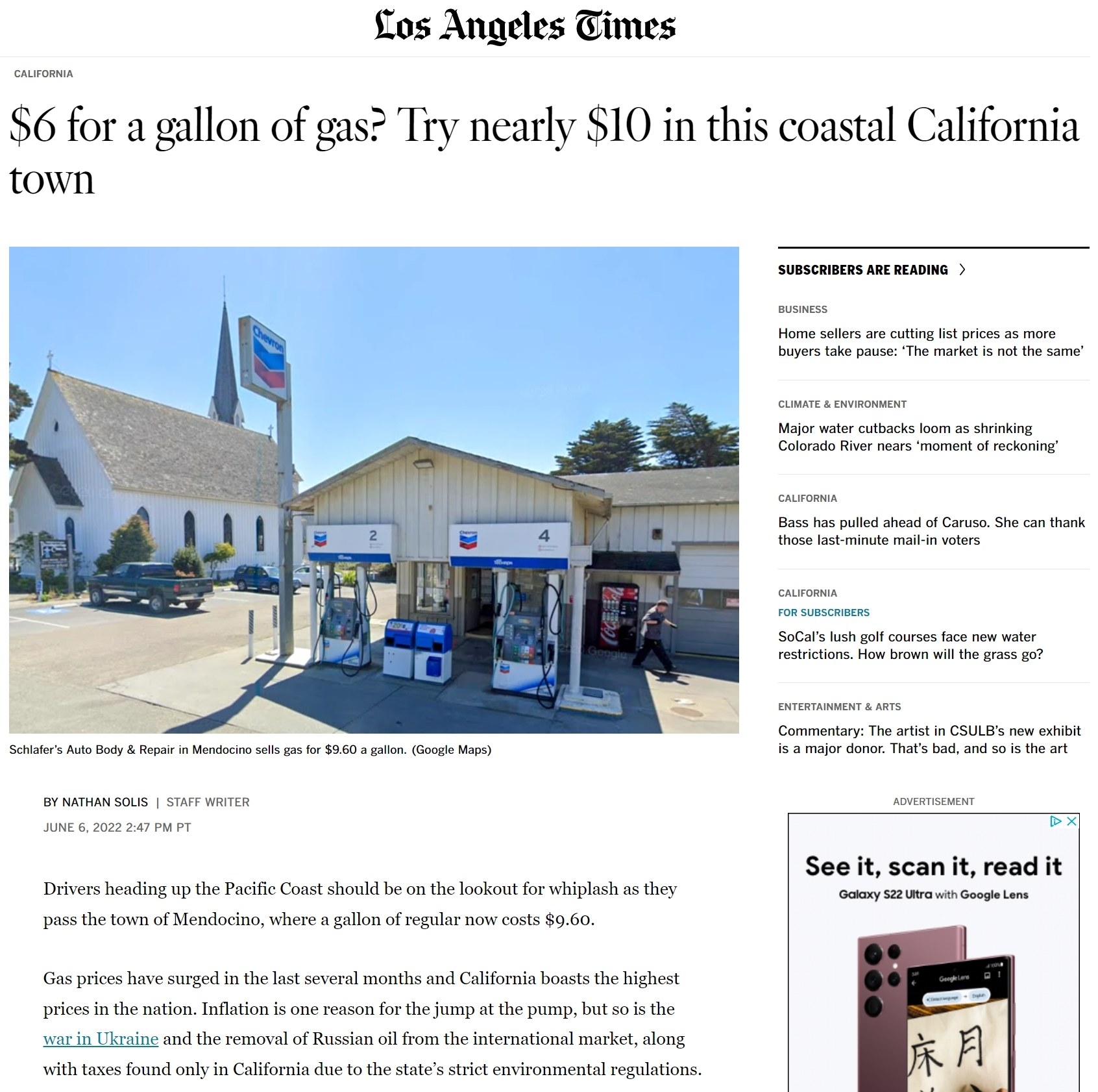 Screenshot of LA Times&#x27; articles, &quot;More than $6 for a gallon of gas across California; one station is $9.60&quot;