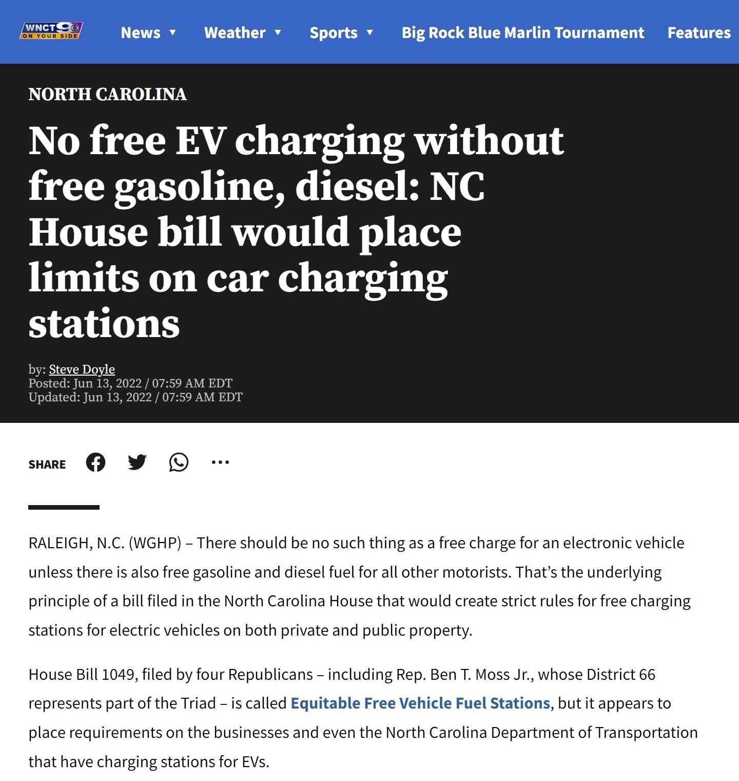 Screenshot of WNCT article, &quot;No free EV charging without free gasoline, diesel: NC House bill would place limits on car charging stations&quot;