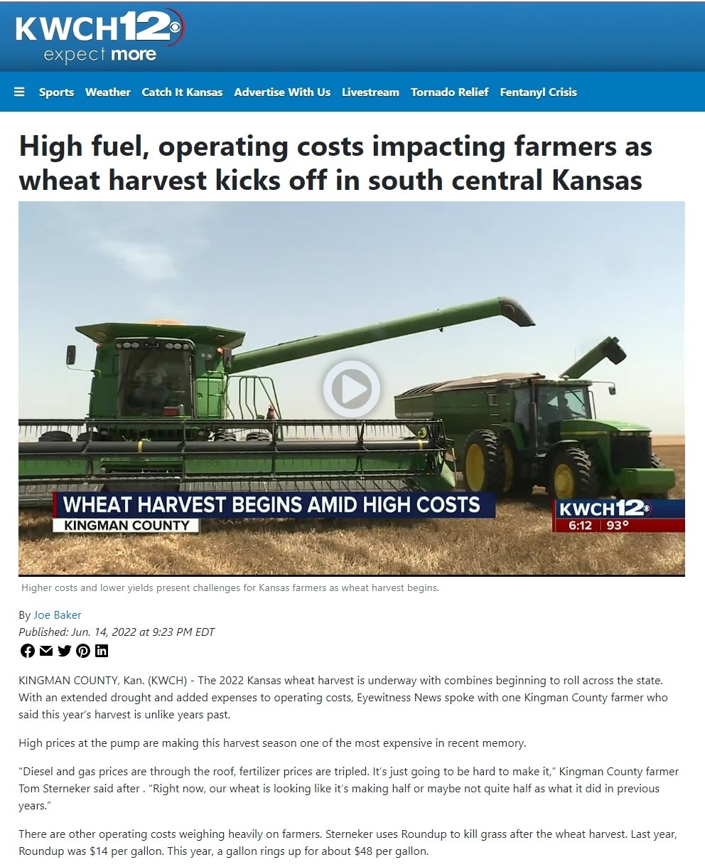 Screenshot of KWCH12 article, &quot;High fuel, operating costs impacting farmers as wheat harvest kicks off in south central Kansas&quot;