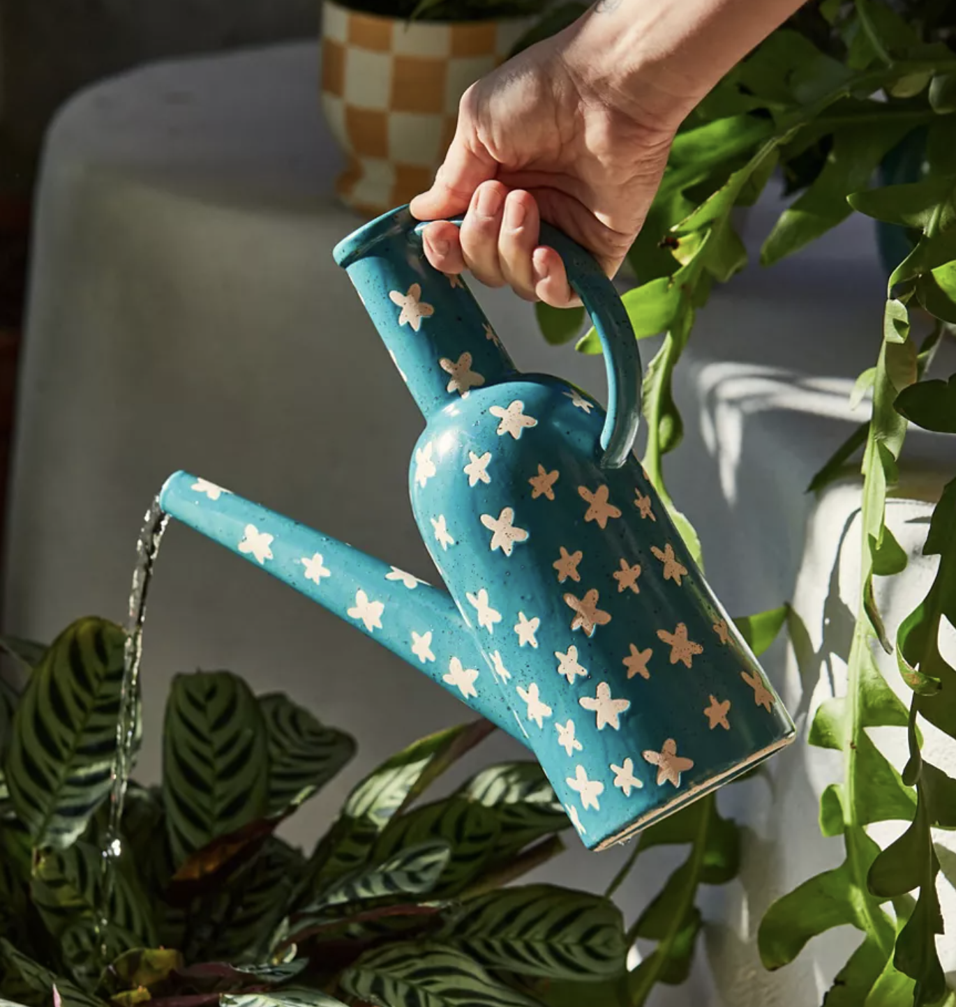 A person watering plants with the watering can