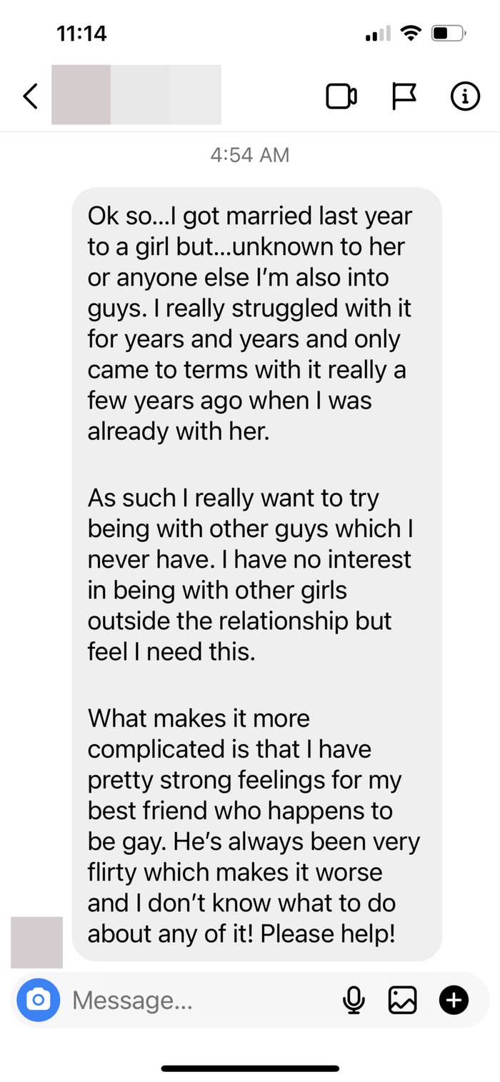 Screenshot of message, reading, &quot;What makes it more complicated is that I have pretty strong feelings for my best friend who happens to be gay. ...&quot;