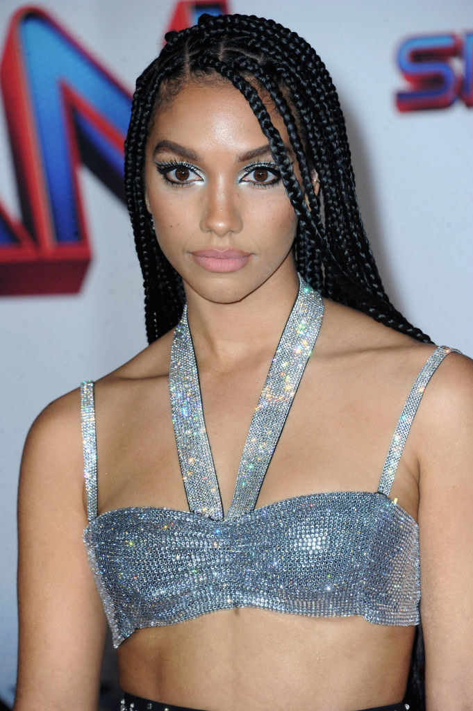 Corinne Foxx in long braids and sparkly tube top at the &quot;Spider-Man: No Way Home&quot; premiere