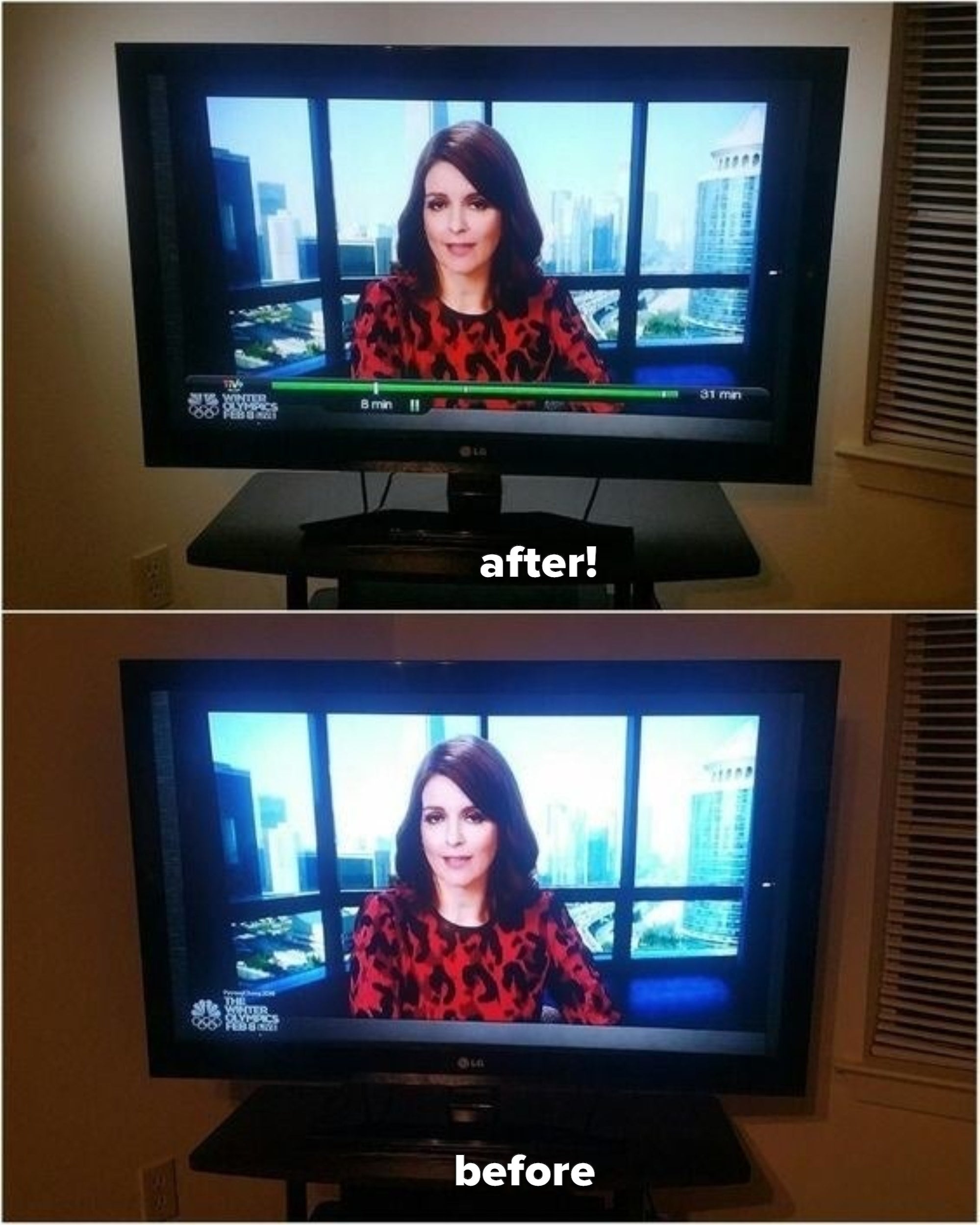 电视评论员的照片与眩光之前使用带和无眩光之后使用