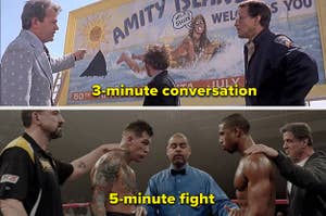 Mayor Vaughn, Hooper, and Brody standing in front of a vandalized billboard in "Jaws"/Adonis and standing against the opposing team in a boxing ring in "Creed"