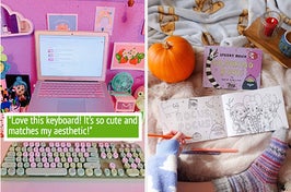 on left, pink and green raised keyboard below pink laptop on colorful desk. on right, hand coloring in a Hocus Pocus page in a cute Spooky Movie Colouring Book