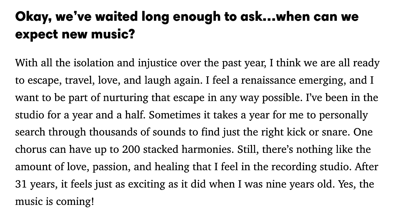 A question asks when we can expect new music, and Beyonce gives a long answer that includes the line &quot;I feel a renaissance emerging&quot;