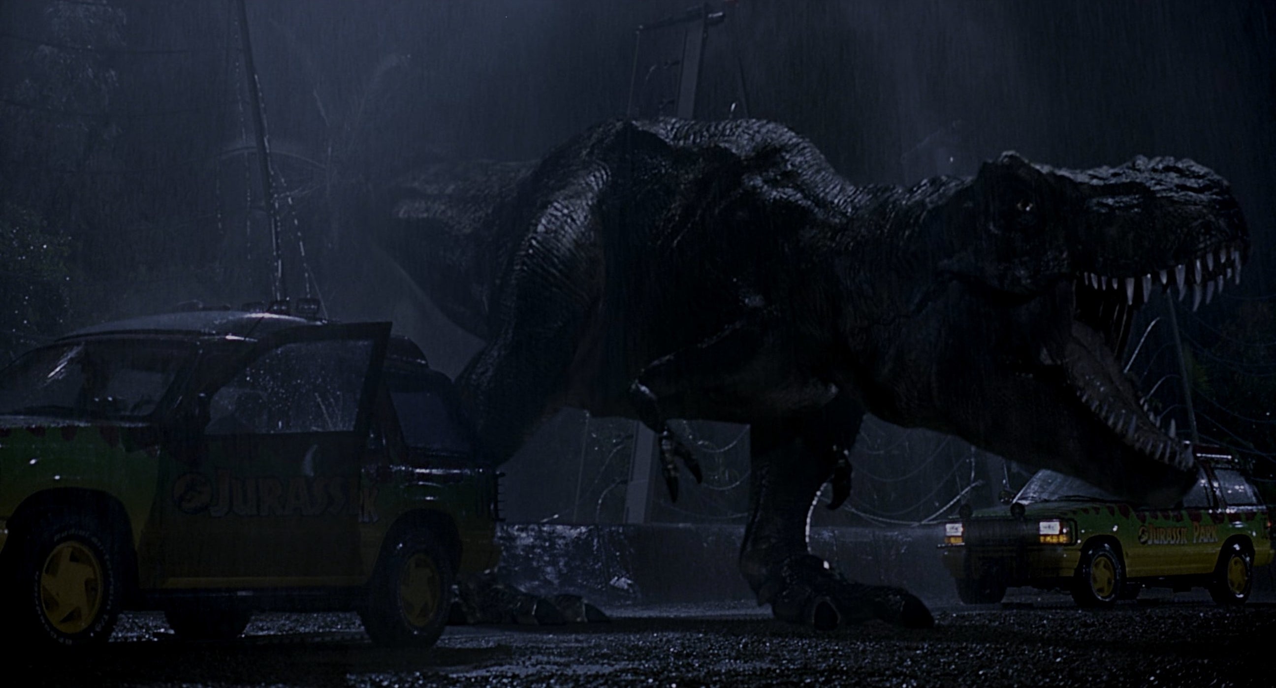 A T-Rex walking out of her paddock in &quot;Jurassic Park&quot;