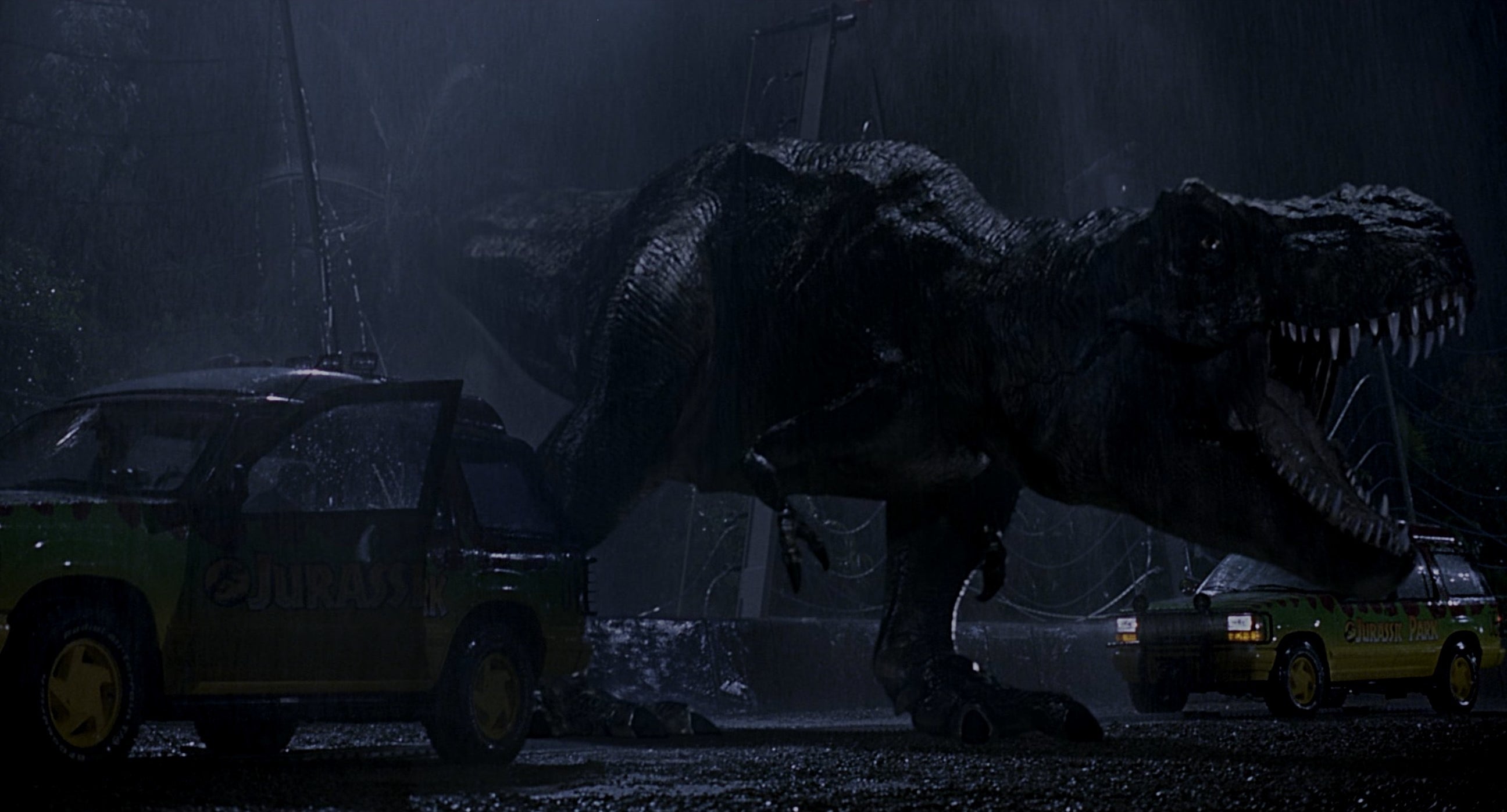A T-Rex walking out of her paddock in "Jurassic Park"