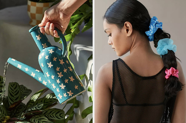 A person using a watering can and a person with three scrunchies in their ponytail