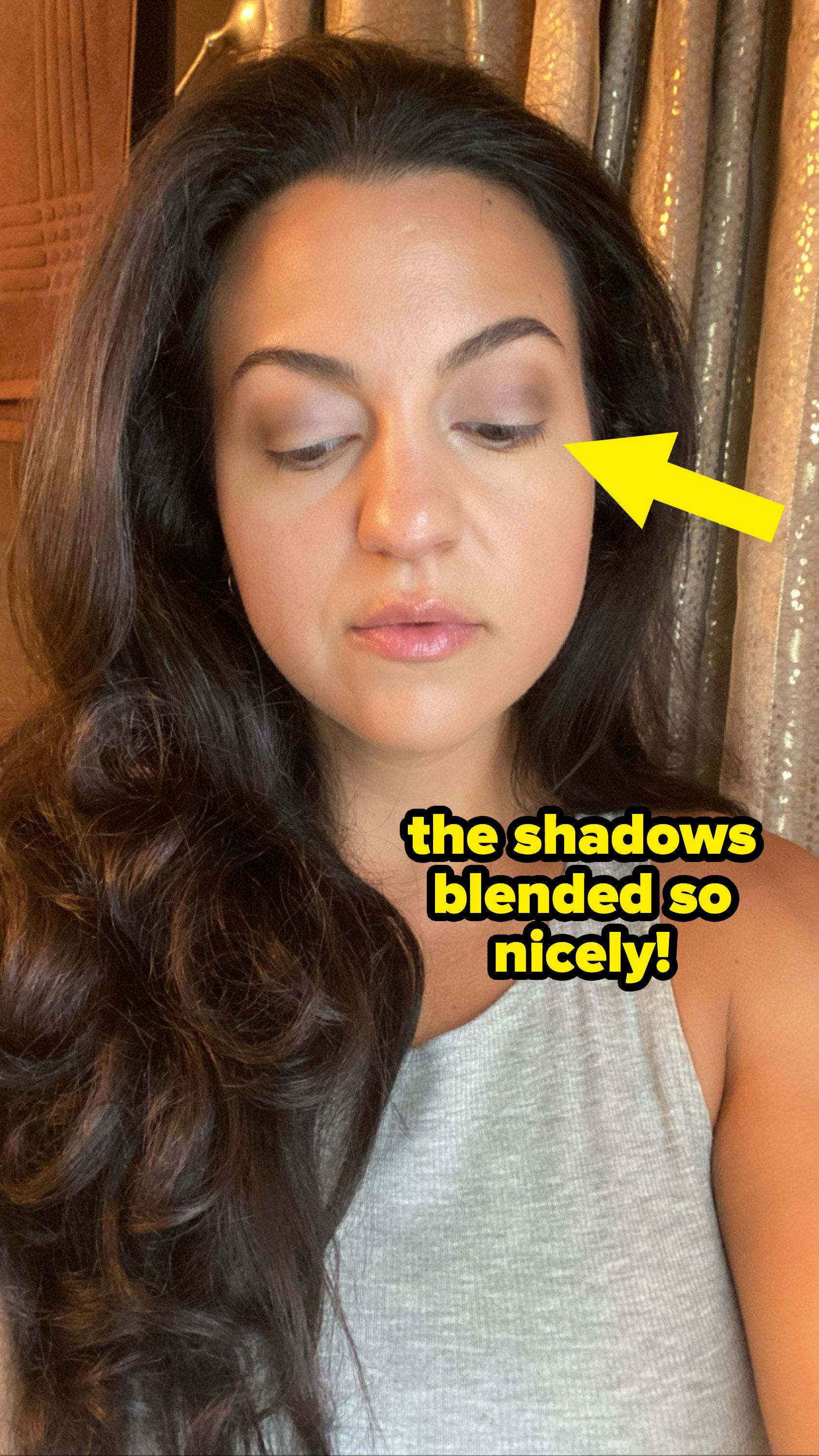 the author with the eyeshadow on and the words &quot;The shadows blended so nicely!&quot;