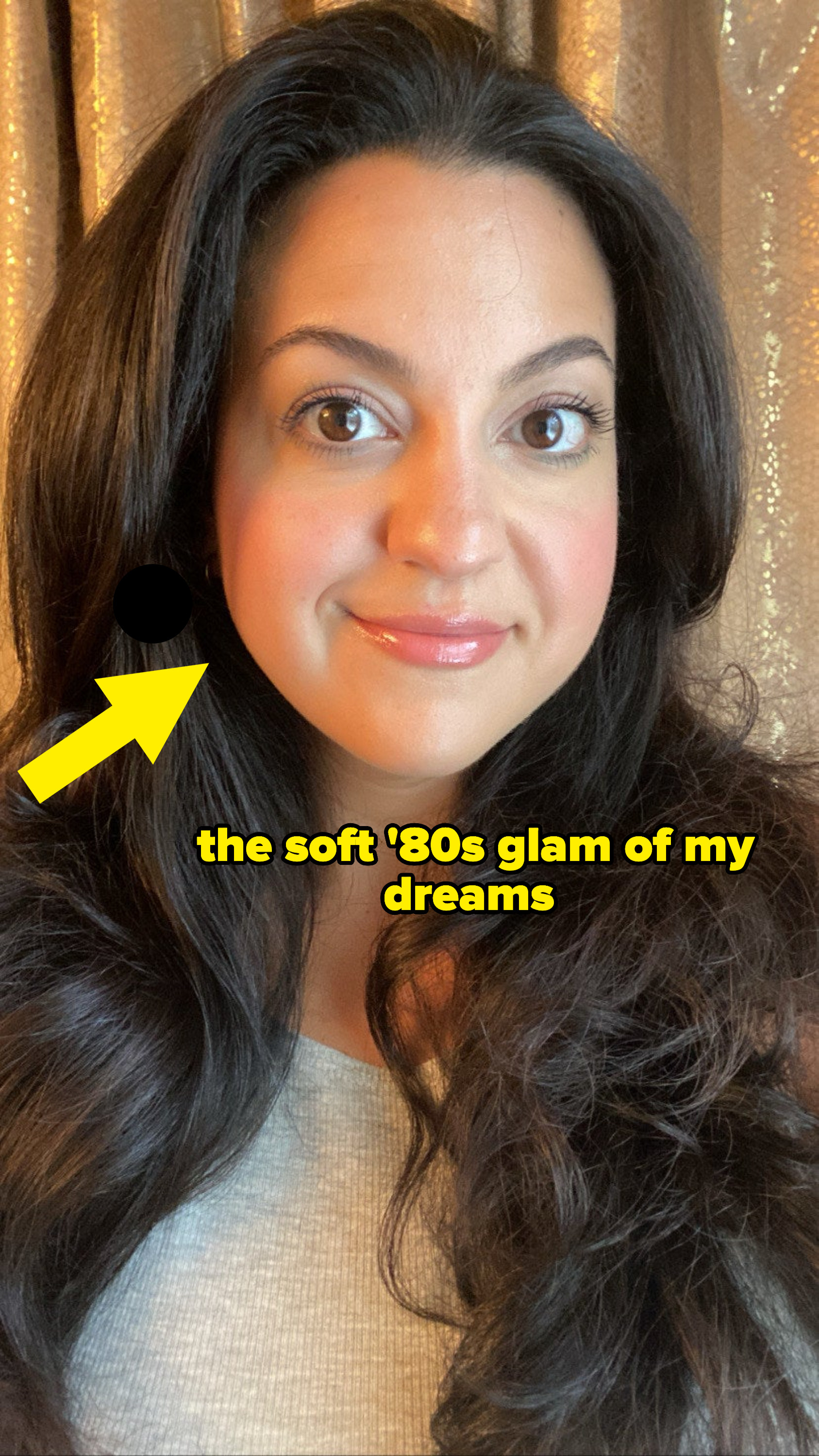 The author smiling with the words &quot;the soft &#x27;80s glam of my dreams&quot;