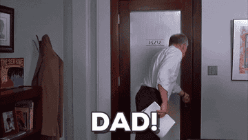 gif from elf of buzzy&#x27;s dad opening an office door and buddy the elf yelling &quot;dad&quot;