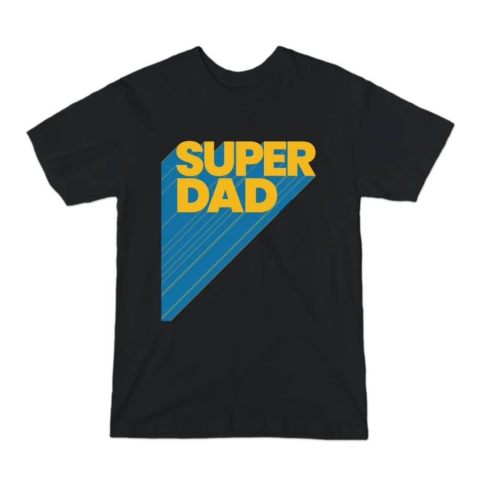 black t-shirt reading &quot;super dad&quot; in yellow block letters with a blue geometric accent