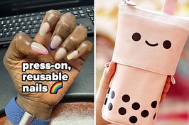 rainbow nails and boba pencil case 