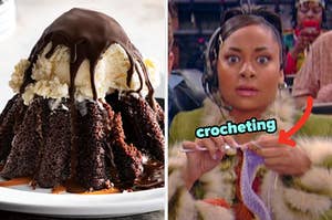 On the left, a molten lava cake from Chili's, and on the right, Raven from That's So Raven crocheting with an arrow pointing to her work