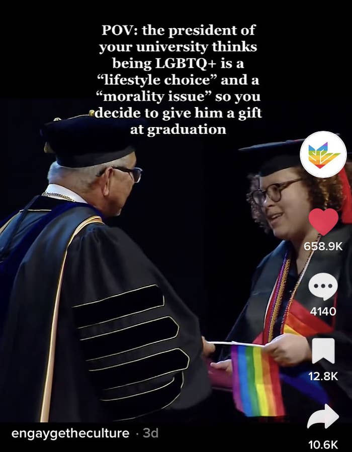 A caption reads: &quot;POV: the president of your university thinks being LGBTQ+ is a lifestyle choice and a morality issue so you decide to give him a gift at graduation&quot; as students hand him Pride flags