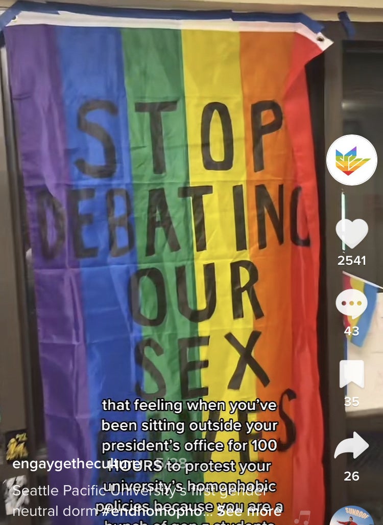 A rainbow flag with the words &quot;stop debating our sex lives&quot; written on it