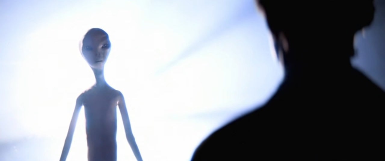 Claude Lacombe staring at an alien in "Close Encounters of the Third Kind"