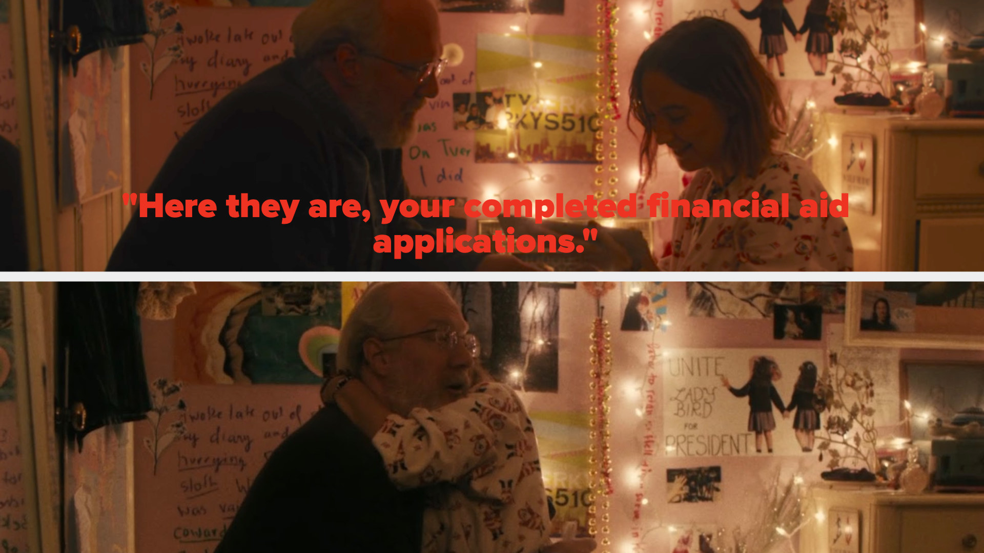 Lady Bird&#x27;s dad giving her her completed financial aid applications and them hugging
