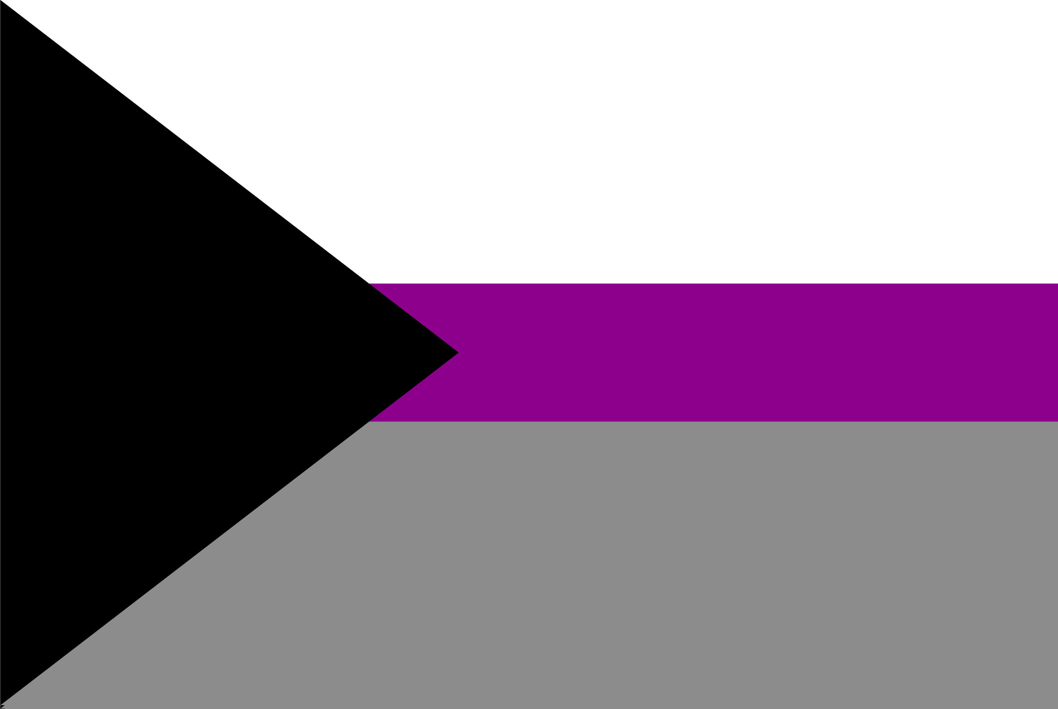 a black triangle pointing right over white purple and grey stripes